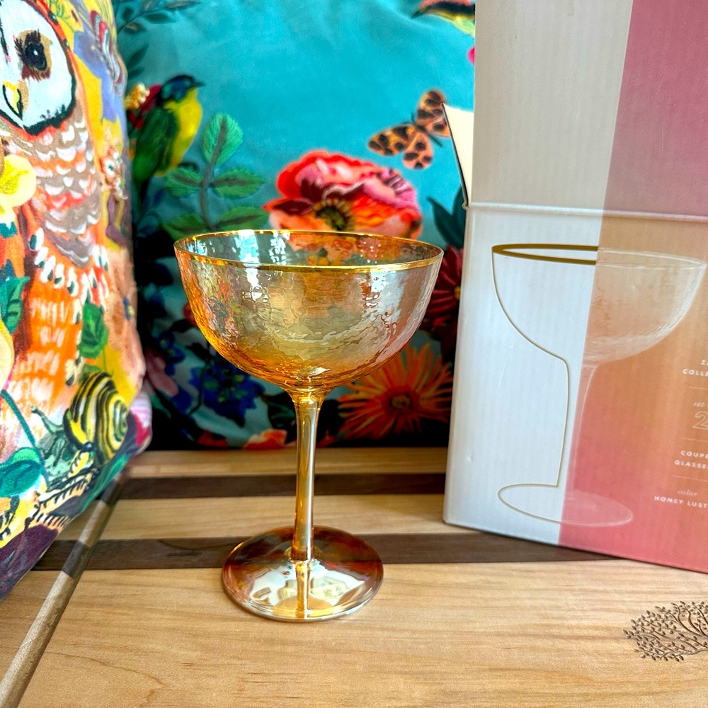 Anthropologie Amber Gold Crackle Coupe Glass